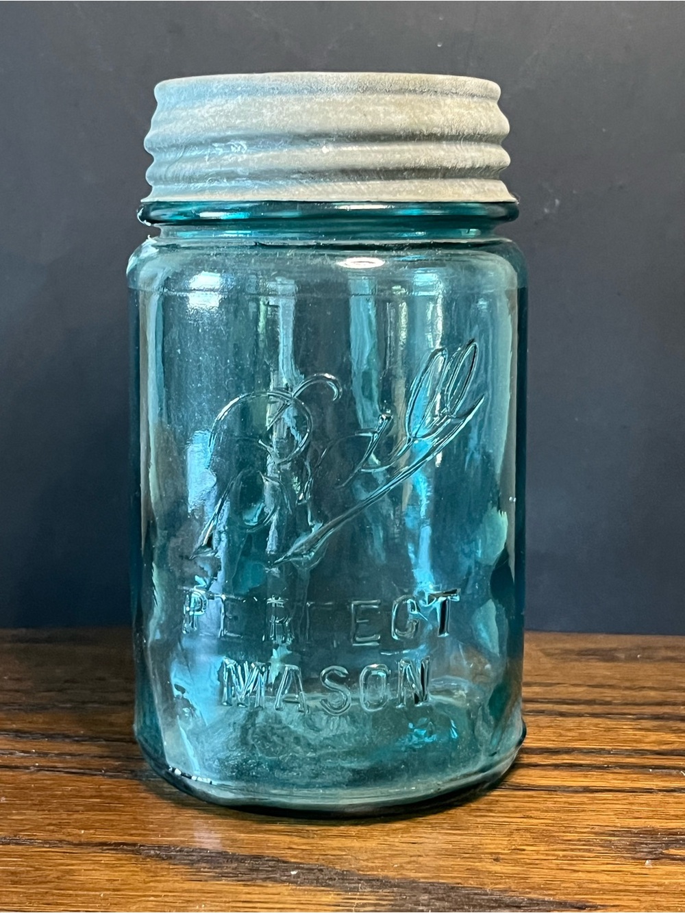 Vintage Ball Perfect Mason Aqua Blue Glass Canning Jar with Zinc Lid 6”